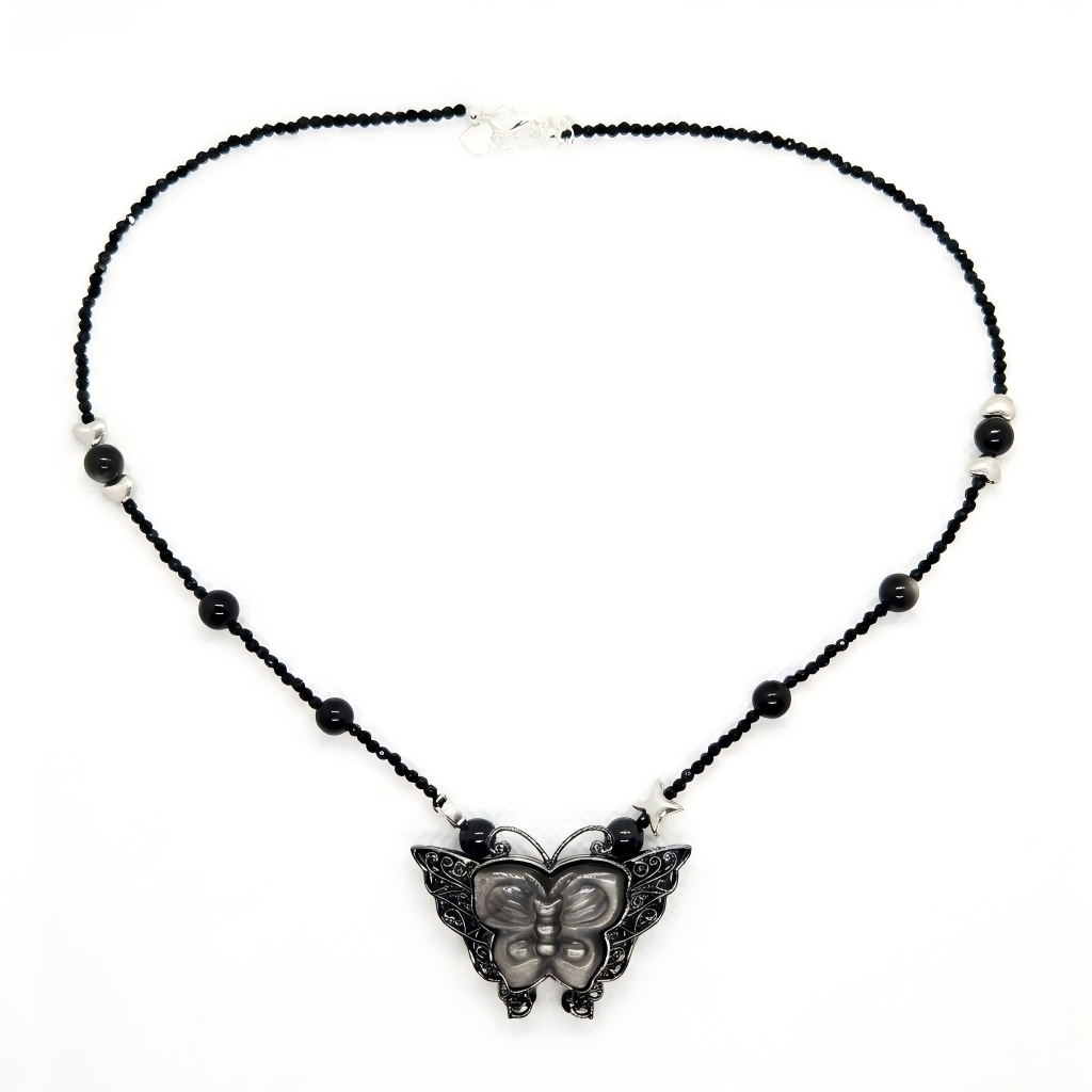 Metamorphosis Awakening - Birthday Imprint Obsidian Butterfly Necklace